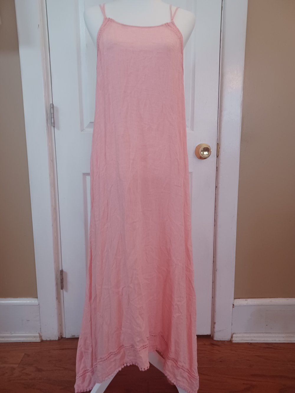 C&C California Pink Linen Handkerchief Maxi Dress Crochet Lace Size L
